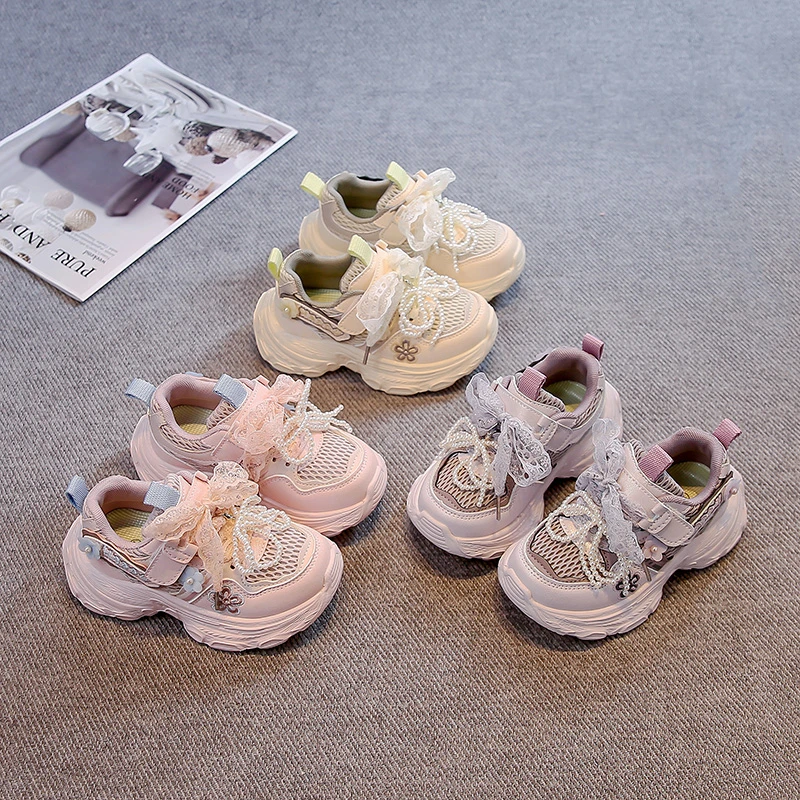 Girls Princess Sneakers Sweet Lace Beading Bows Children Sports Shoes Mesh Breathable 2025 Autumn New Kids Running Shoes Soft