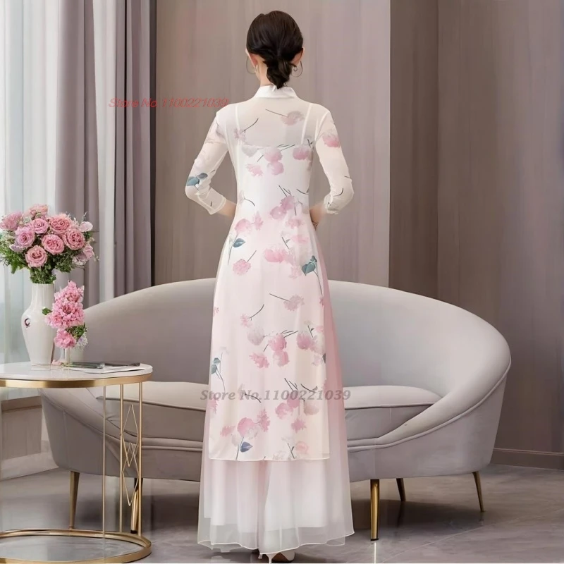 2025 abito da ballo popolare vintage cinese tradizionale stampa floreale maglia qipao top + pantaloni allenamento pratico per spettacoli teatrali retrò