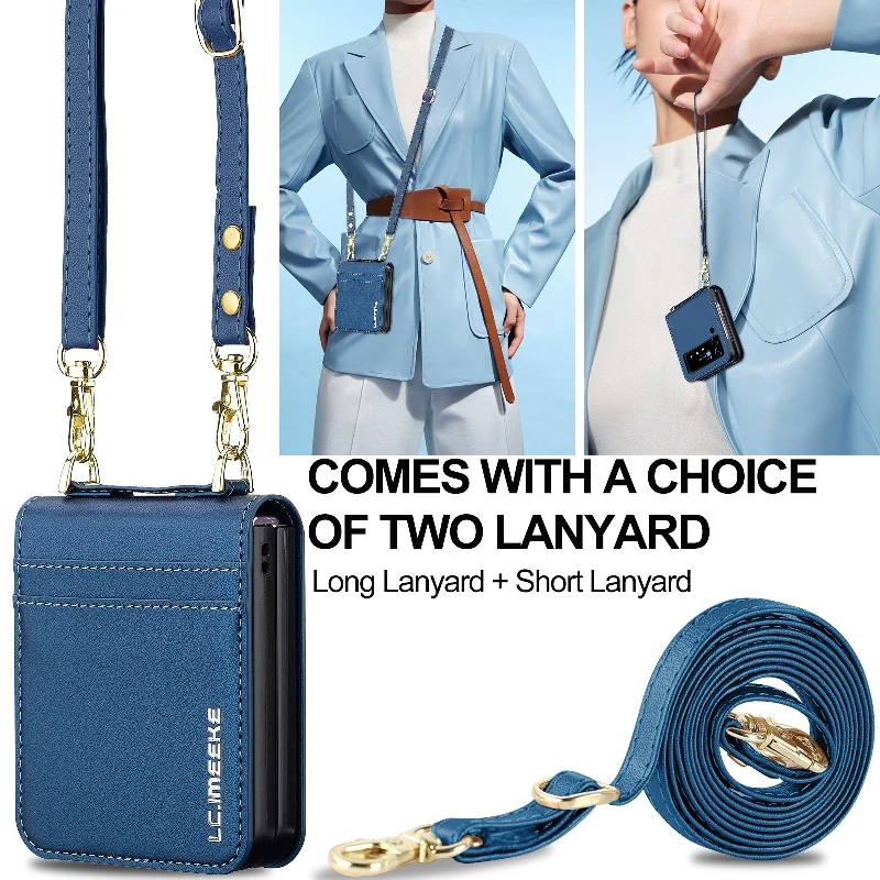 Retro Leather Folding Phone Cover For Samsung Galaxy Z Flip4/Z Flip 3 With Long Short Lanyard