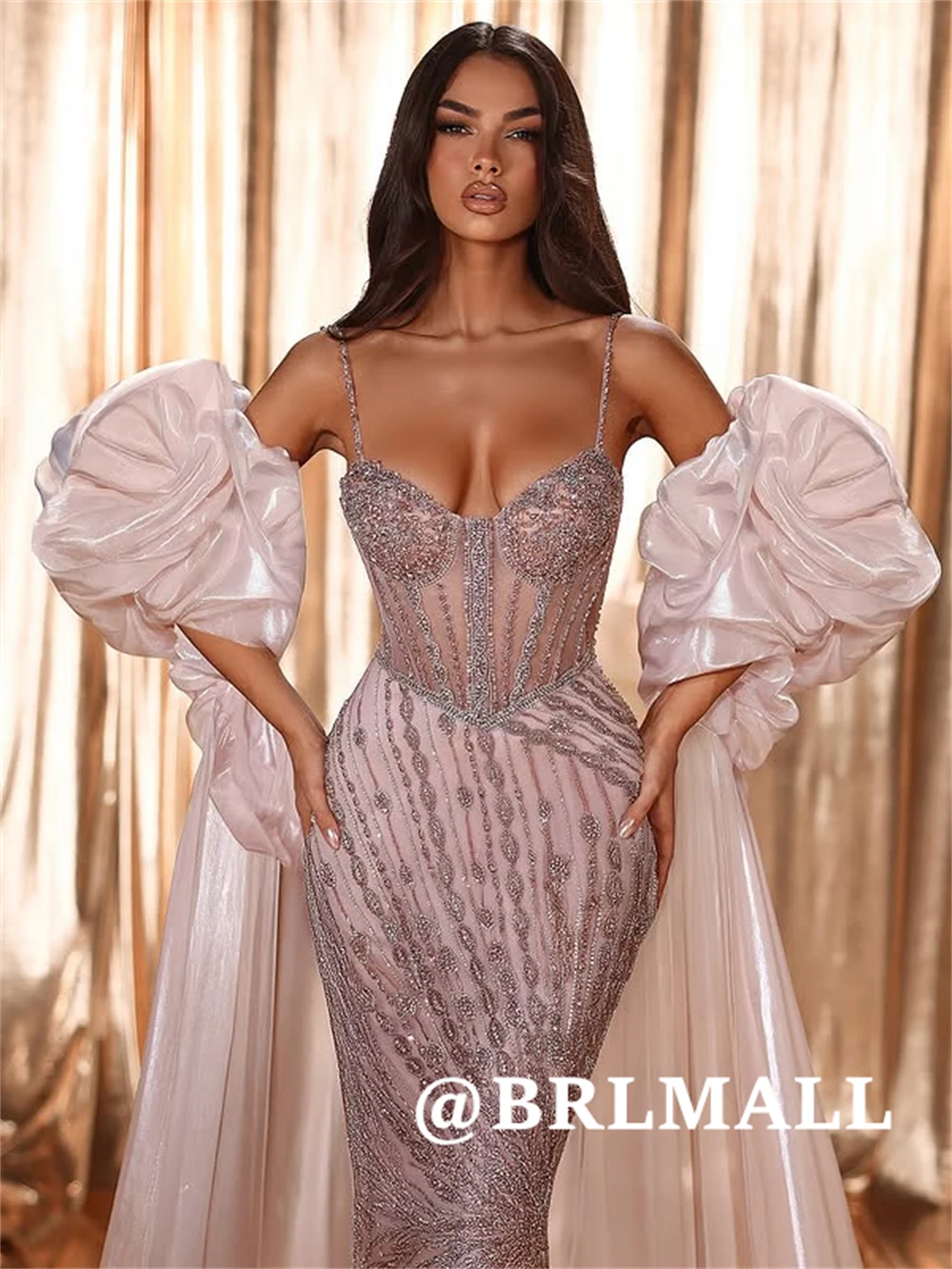 

BRLMALL Taffeta Shawl Beaded Evening Dress for Women Ilusion Lace Corset Mermaid Prom Dresses Customized Crytals Customized