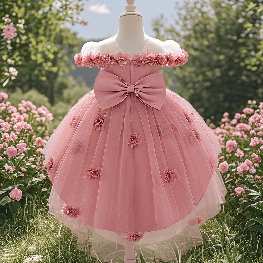 

Little girl flower bow decoration party dress cute suitable for one-year birthday ceremony Flower girl flower