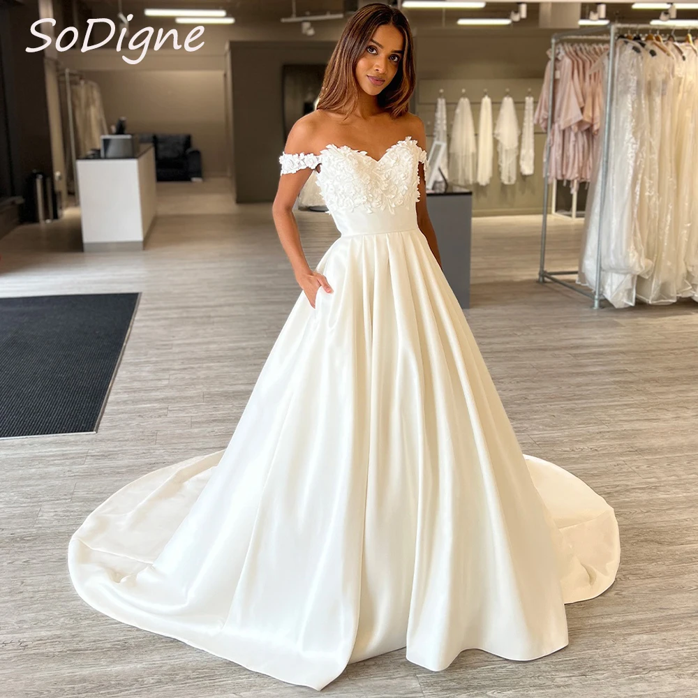 

SoDigne A-line Satin Wedding Dresses Off Shoulder Sweetheart Appliques Bridal Dress Long Elegant Bride Gown vestidos de novia ﻿