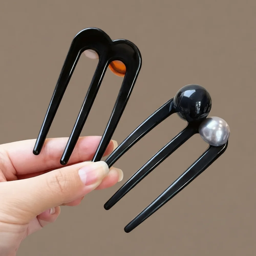 Three Prong U Shaped Hair Fork Pearl Embellishment Elegant Bun Fixing Tool Minimalist Hairpin For Daily Elegant Hair Design Wome