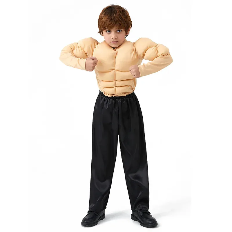 A2025 nuevo disfraz de superhéroe musculoso niño divertido músculos pectorales falsos chaleco de Halloween trajes niños Cosplay camisa de pecho ★ HAxiba.