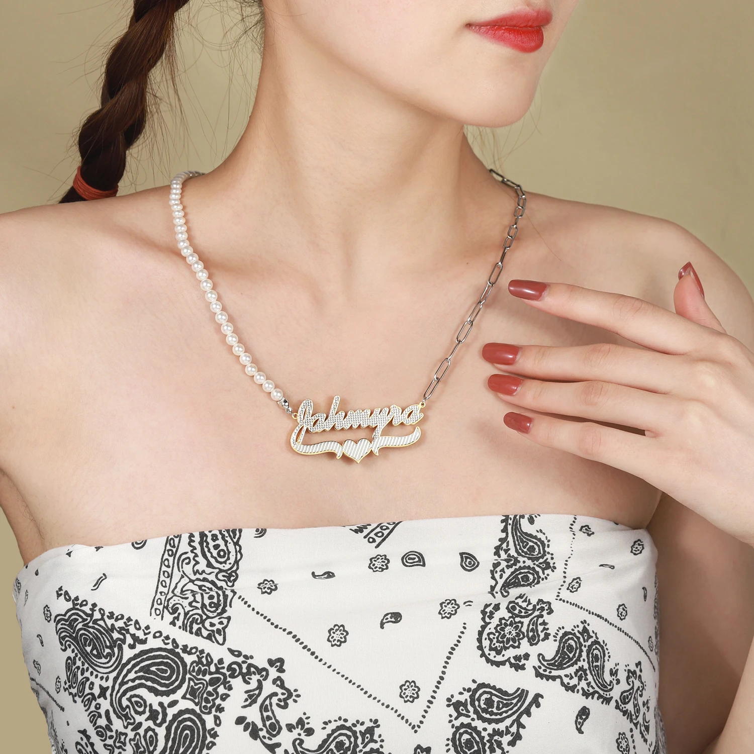 Double Plate Personalized Name Necklace With Heart Two Tone 18K Gold-Plated Custom Nameplate Necklaces Pearl Chain Women Jewelry