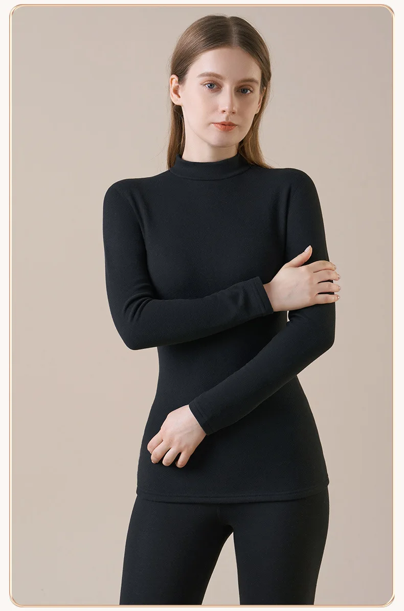 Damen-Thermo-Unterwäsche aus Kaschmirseide, Thermoshirts, warme Hosen, verdickte, einfarbige, halbrollkragenartige Oberteile, langärmlige Winterkleidung. – Detail 26