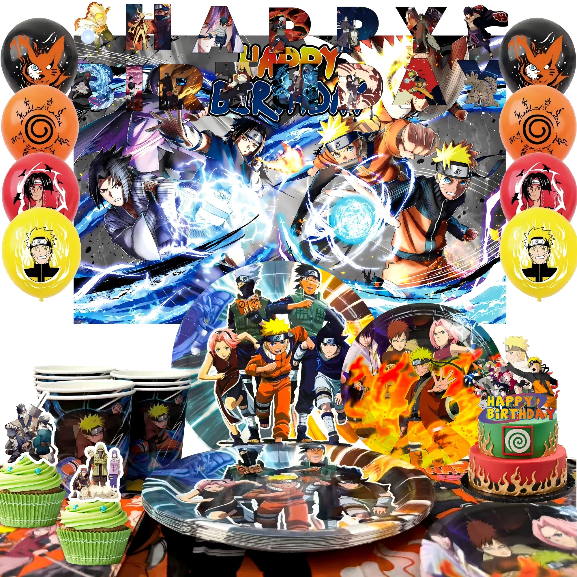 112 Pcs Naruto Party Supplies-Naruto Birthday Party Backdrop Plates Tablecloth etc Naruto Birthday Party Decorations