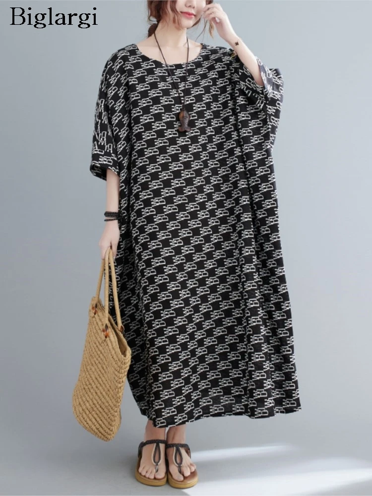 

Oversized Summer Long A-Line Dress Women Geometric Print Fashion Loose Ruffle Pleated Ladies Dresses Casual A-Line Woman Dress