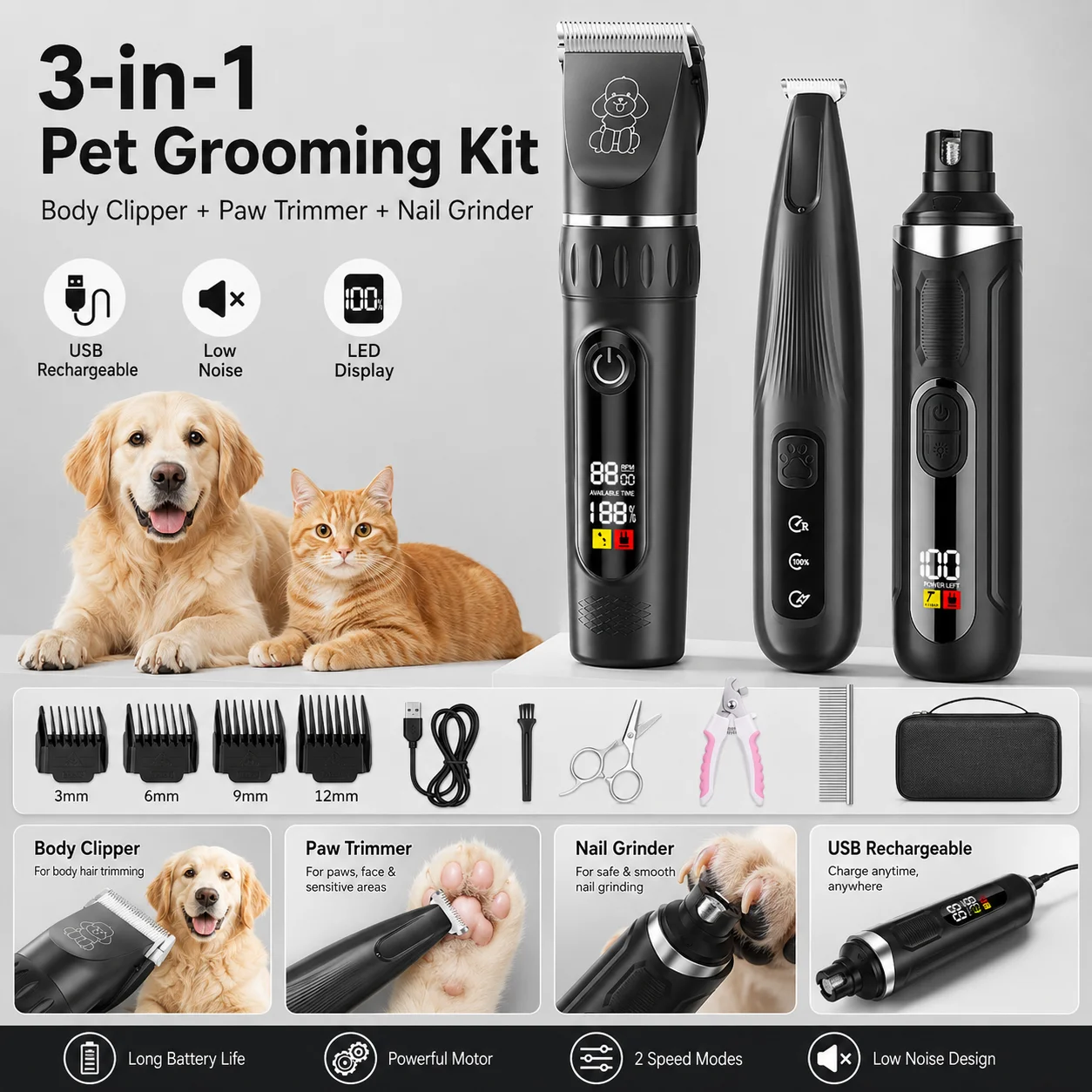 3-in-1ペットグルーミングキット-クリッパー-トリマー-爪研ぎ-usb充電式-低騒音-ledライト-犬と猫のためのプロフェッショナルケア