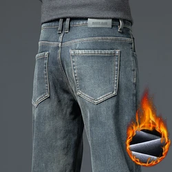 2024 Winter New Men's Jeans Fleece Warm Straight Plush Pants Thicken Thermal Stretch Retro Washed Denim Pants Brand Clothes