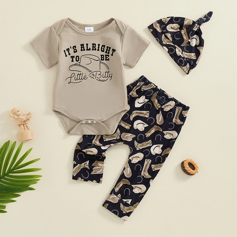 Newborn Baby Boys Western Outfits 3Pcs Cow Boots Hats Print Clothes Sets Short Sleeve Rompers and Pants Set