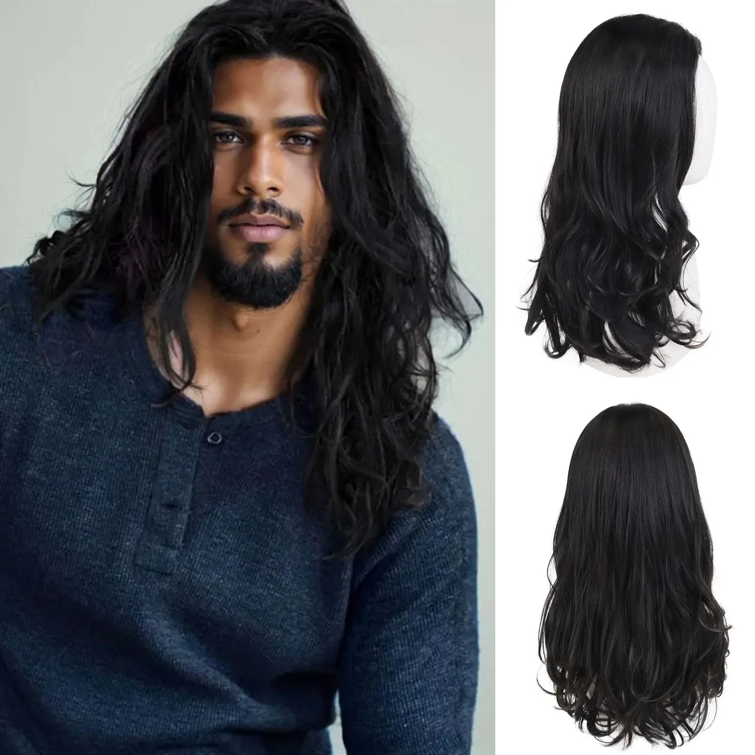 Synthetic Man Natural Black Wigs 22 Inch Long Curly Hair Funny Wigs for Men Daily Halloween Costume Party 80s Rocker Cosplay Wig