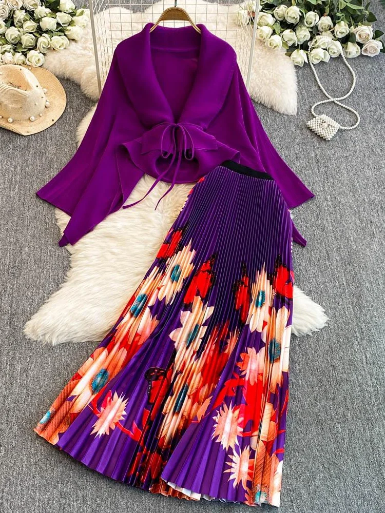 

Свободный комплект с плиссированной юбкой с высокой талией Batwing Sve, женская весенняя коллекция Faion, комплект из двух предметов V-Ne, закрывающий талию