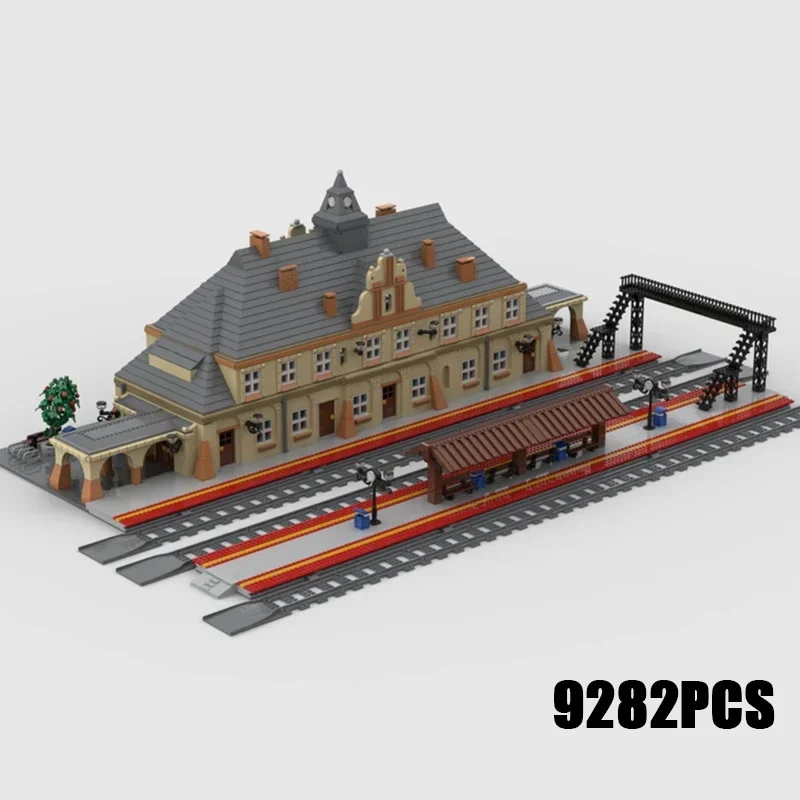 City Street View Modello Moc Mattoni da costruzione Stazione ferroviaria neoclassica Tecnologia Blocchi Regali Giocattoli di Natale Set fai da te Assemblaggio