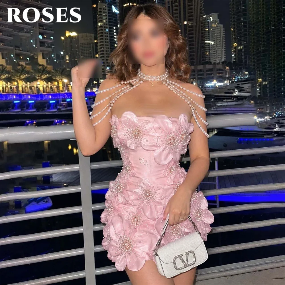 ROSES Pink Strapless Mini Prom Dress 3D Large Floral Pearl Celebrity Dresses Mermaid Women's Evening Dress for Gala Customized