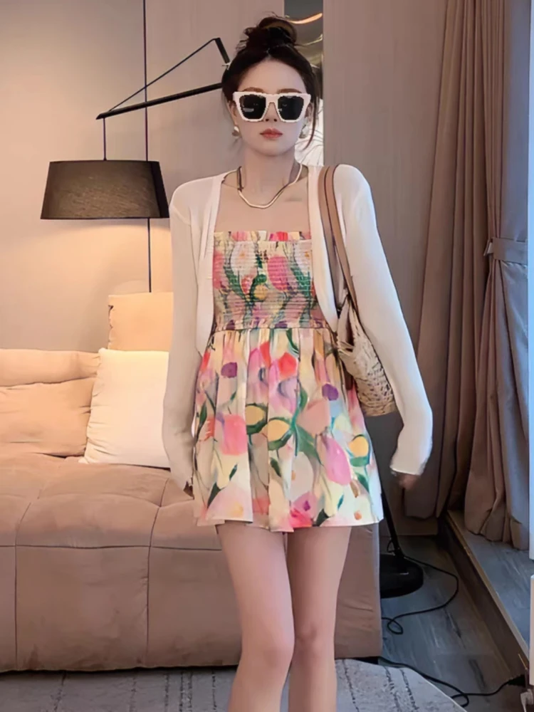 

Fashion Women's Suit Summer Sunscreen Knitted Cardigan Floral Jumpsuit Two-piece Set Fashionable Elegant Tight Waist Slimming