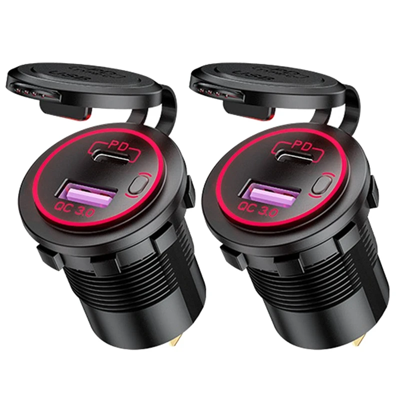 PD Type C USB Car Charger & QC 3.0 Quick Charger 12V Power Outlet Socket With On/Off Switch For Motorcycle RV ATV,Red