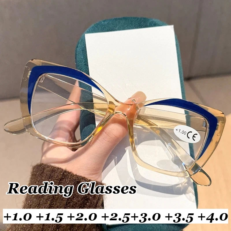 

Neutral Fashion Cat-Eye Large Frame Reading Glasses Retro High-Definition Hyperopia Glasses Blue Light Blocking Glasses +4.0+3.5
