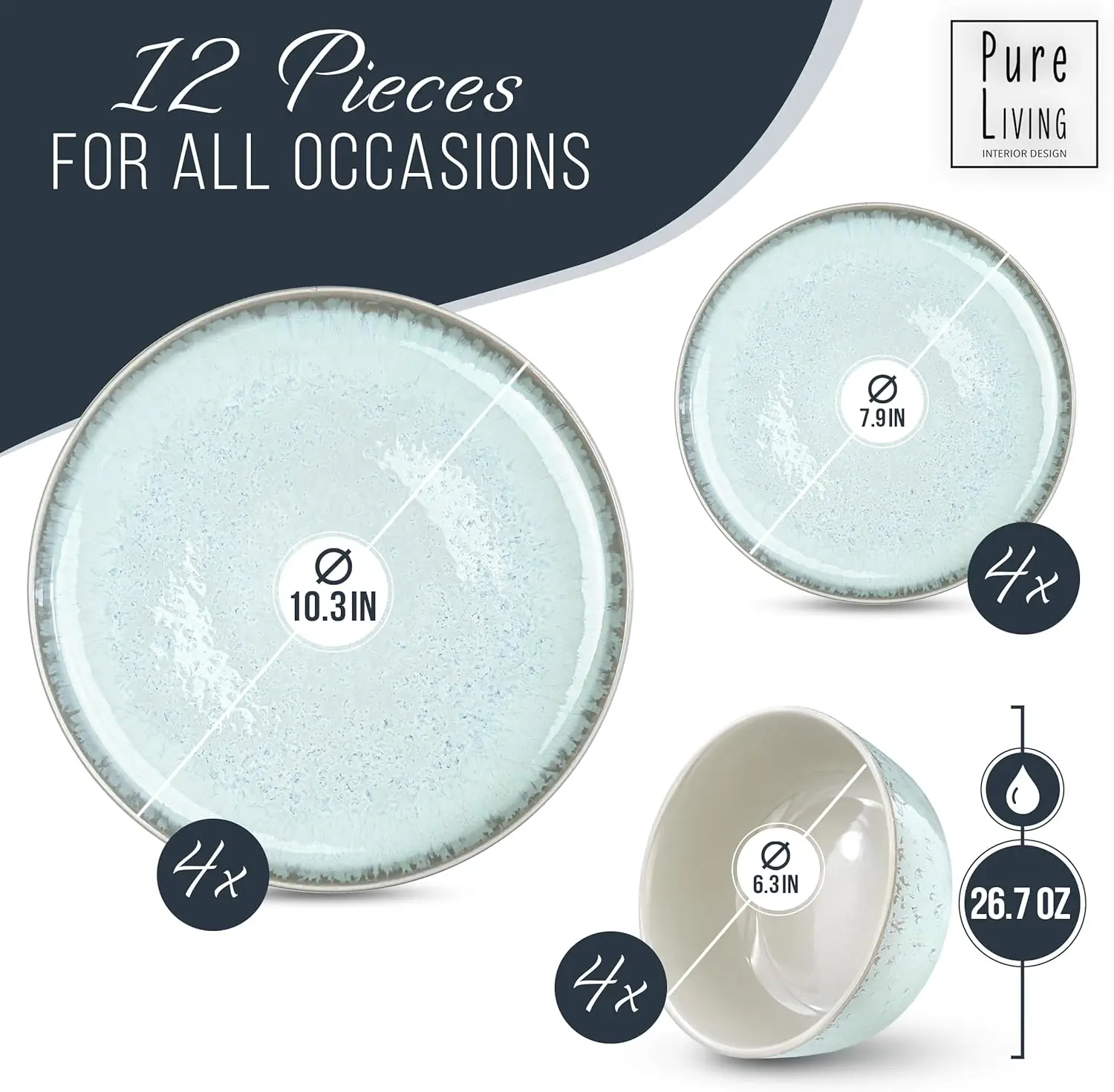 12 Piece Dinnerware Sets for 4 - Resistant, Dishwasher, Microwave Safe Plates and  Bowl and Plate Set - Beige and Light Blue