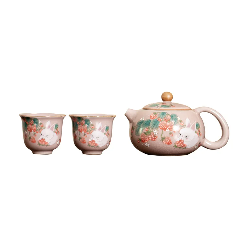 Ru Kiln Lifting Beam Pot Strawberry Rabbit Teapot Set Xishi Pot Household Ceramic Kung Fu Tea Set Open Piece Can Be Kept