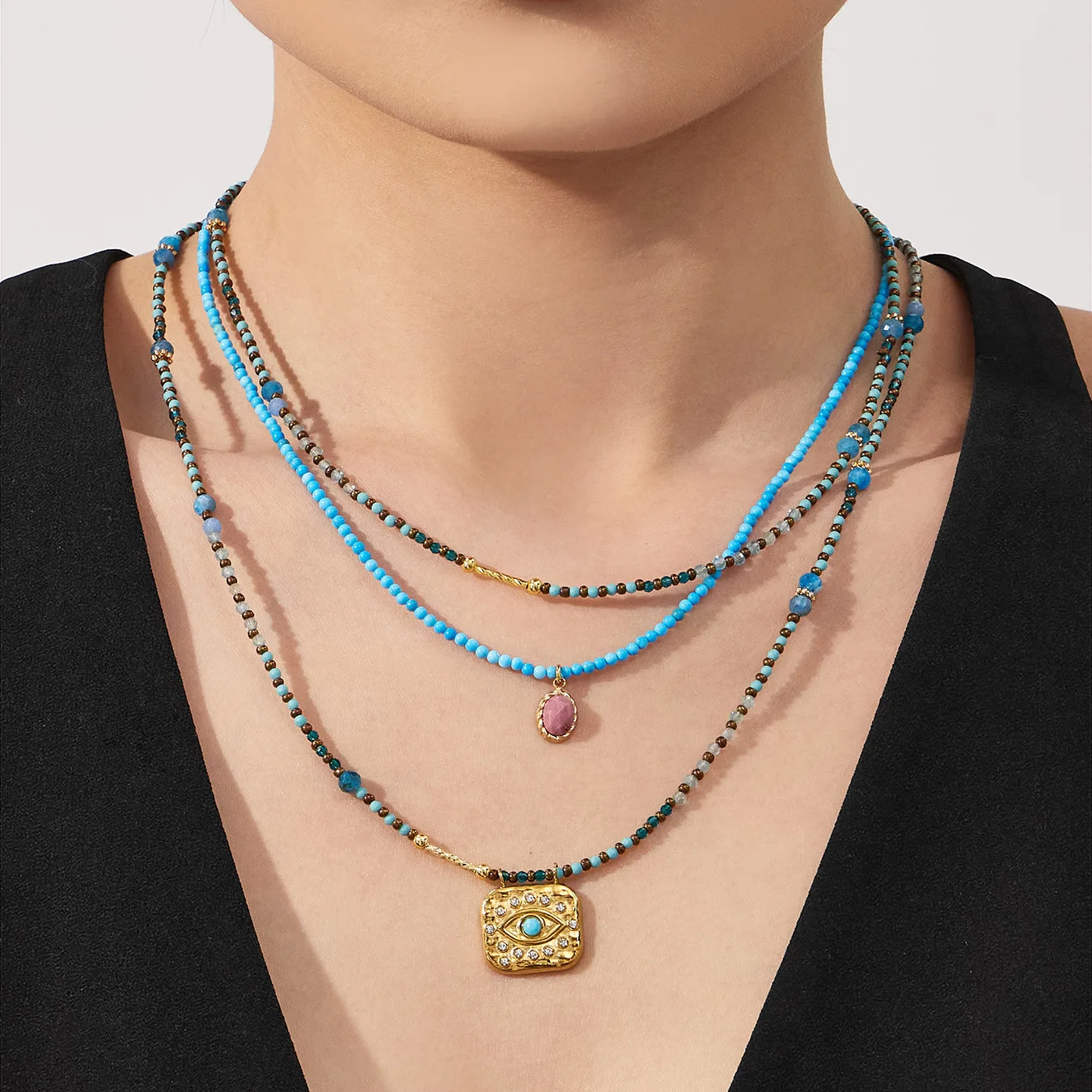 

Stainless Steel Long Sweater Chain Necklace Boho Natural Turquoise Stone Beaded Evil Eye Pendant Layered Jewelry Gift