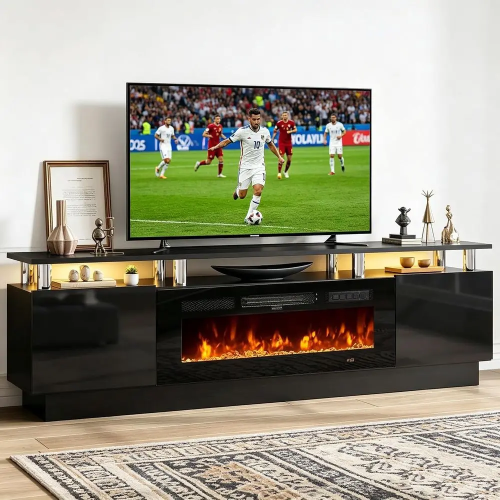 Replace TV Stand with 36 Electric Fireplace, 2 Tier TV Stand for TVs Up to 90, LED Light Entertainment Center, Living Room TV St