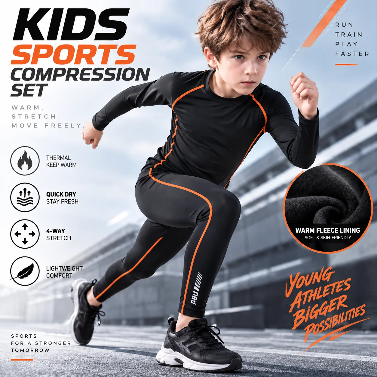 Kids Winter Sports Base Layer Set Thermal Stretch Long Sleeve Shirt Leggings for Football Basketball Running Training