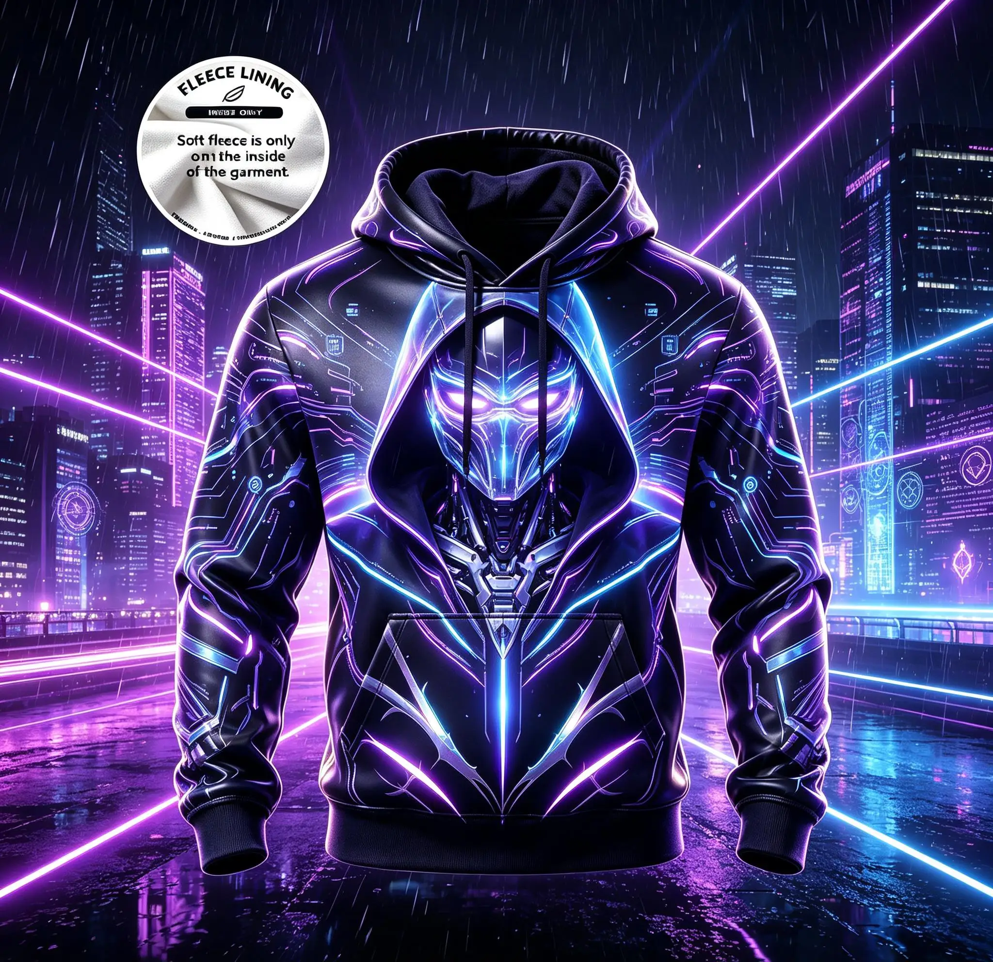 Streetwear Men Hooded Sweatshirt Futuristic Robot Mask Tech Graphic Fleece Lining Pullover