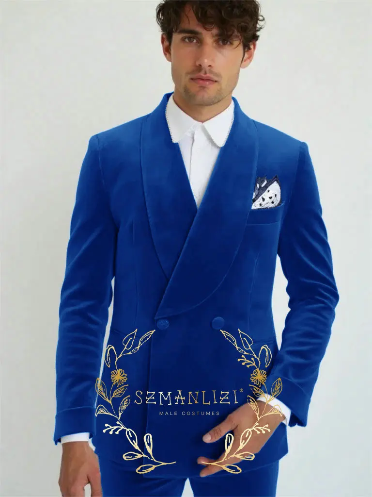 

Latest Coat Pants Design Men Smoking Blazer Blue Velvet Double Breasted Suit Jacket Evening Party Wear Customized WeddingTuxedos