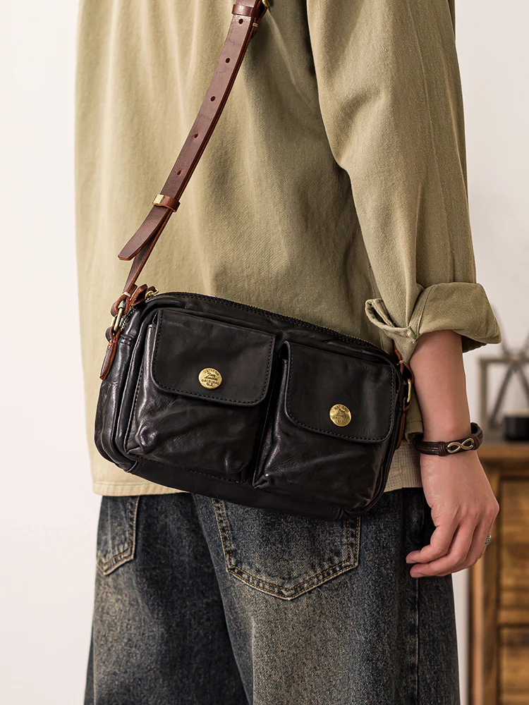 casual handmade vegetable tanned leather men's multi-pocket shoulder bag fashion weekend party genuine leather crossbody bag