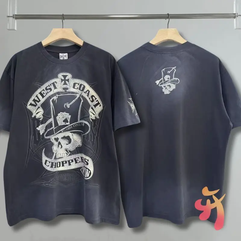 Retro Poker Hat Skull Print Summer New Street West Coast Choppers Tshirt Heavyweight Washed Tops Men Women Cotton Short Sleeve