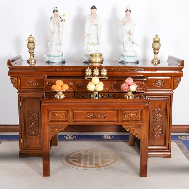 Widened Solid Wood Chinese Style Altar Buddha Shrine Home Worship God of Wealth Incense Burner Table