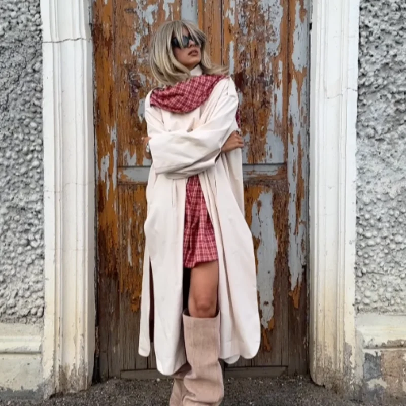 Autumn New Commute Women's Long Trench Coat Solid Stand Collar Side High Slit Trench Coat with Plaid Shawl Single Breasted Coats