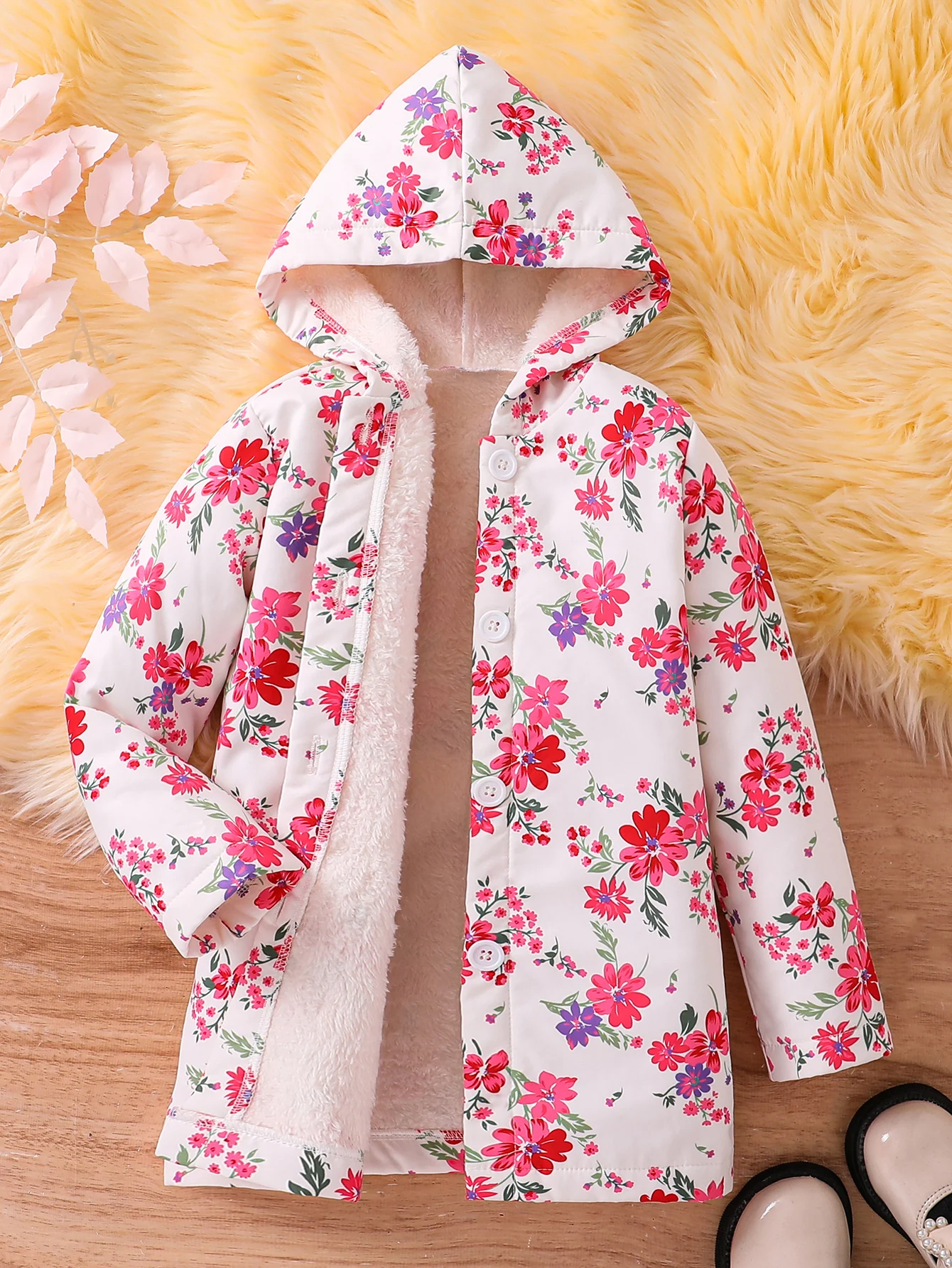 Fall/Winter Girls' Fleece Hooded Single-Breasted Floral Print Coat Holiday School Thermal Jacket Top