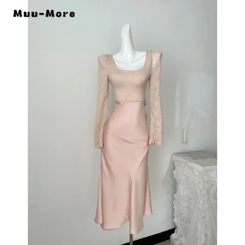 Fairy Sweet Style Long Sleeve Patchwork Lace-up Midi Dresses 2025 Autumn Women Elegant Square Collar Slim Fit Pink Satin Dress