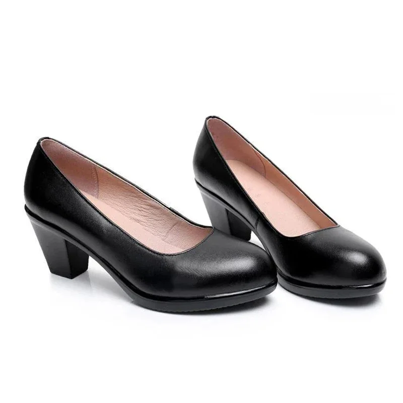 TIMETANGGenuine Leather shoes Women Round Toe Pumps Sapato feminino High Heels Shallow Fashion Black Work Shoe Plus Size 33-43