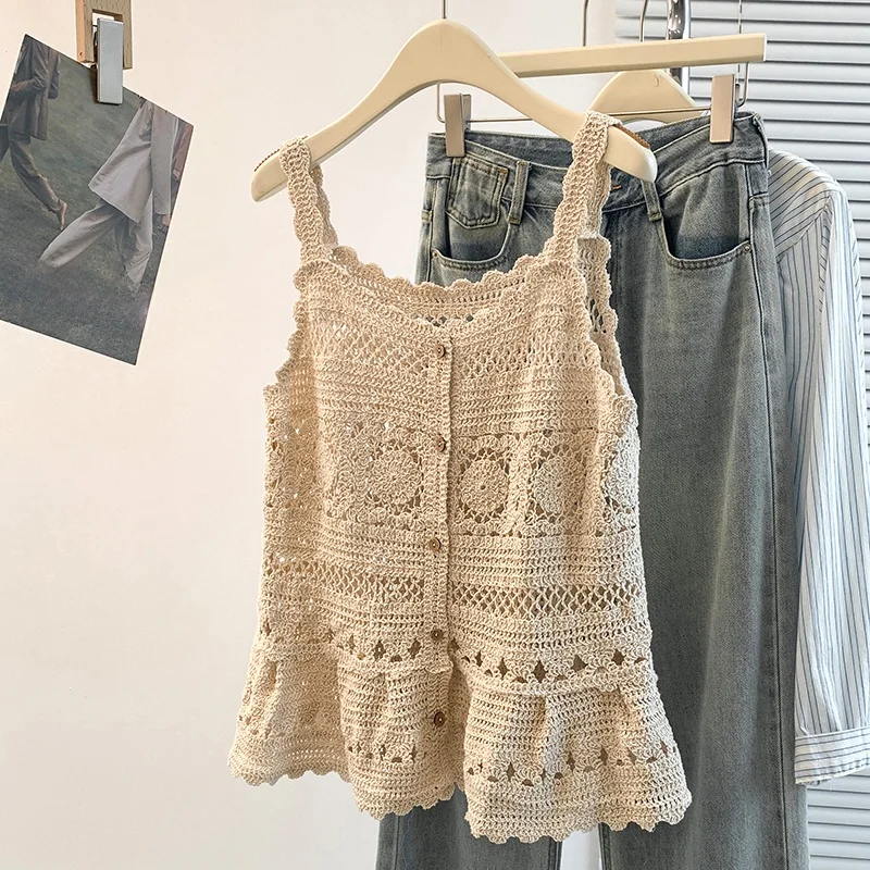 Anti-Aging Heavy-Work Lace Crop Top Women's Summer Hollow out Ethnic Style Veil Layering Small Vest City Commute Regular Fit