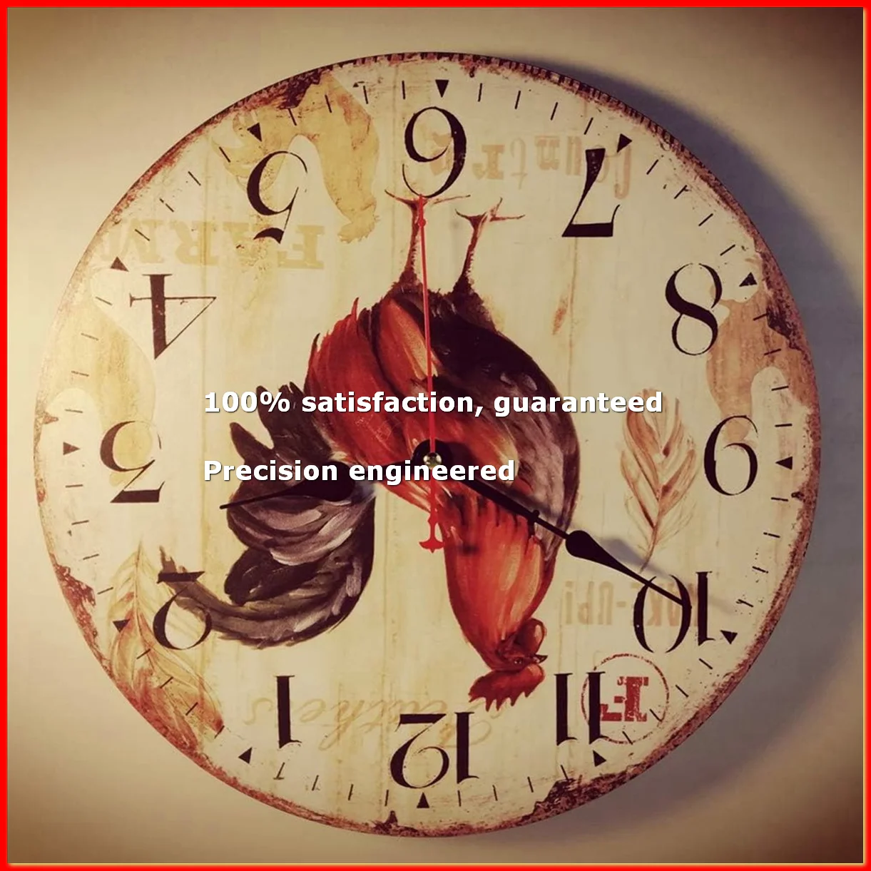 Kitchen Wall Clock 12 Inch Rustic Rooster Silent Non Ticking Wall Clock Quartz Battery Operated Round Wall Clock-A09G