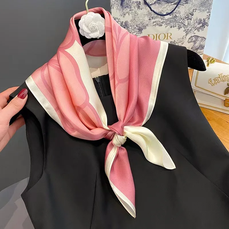 Cherry Blossom Pink Square Scarf Neck Silk Scarves Women Spring Autumn Wrap Hair Strap Bandannas Hijabs Ladies Decorative Shawl