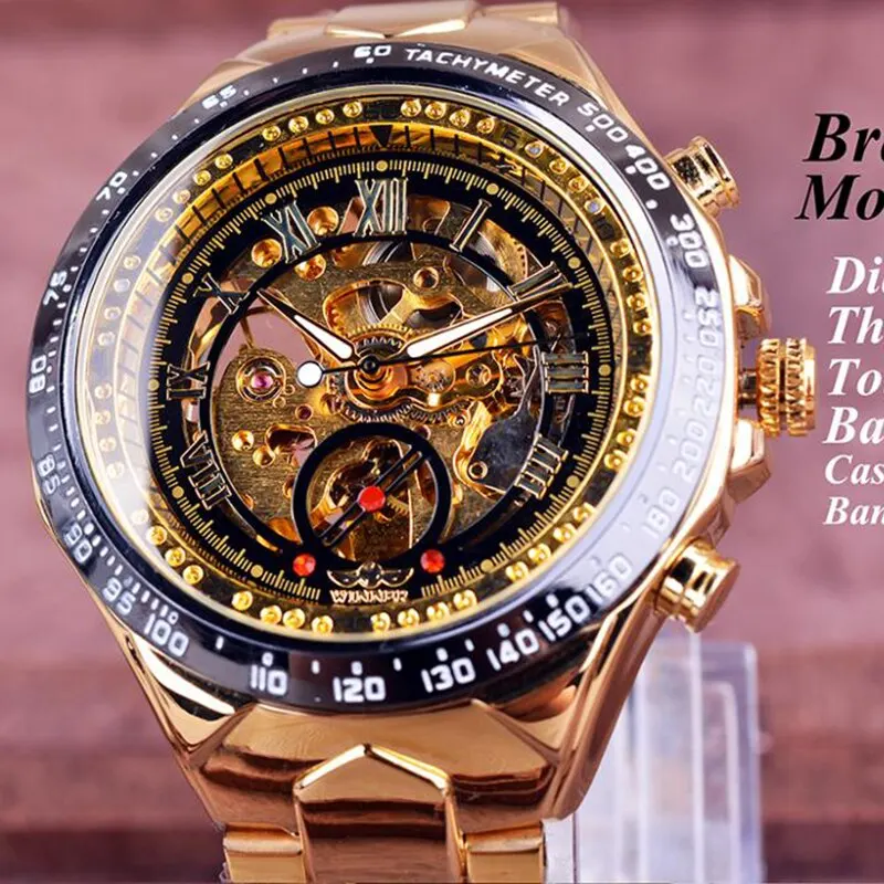 Automatic Mechanical Watch Men Luxury Brand Gift for Male with Gold Rhinestones Bracelet Fashion Mechanical Watch Men Reloj