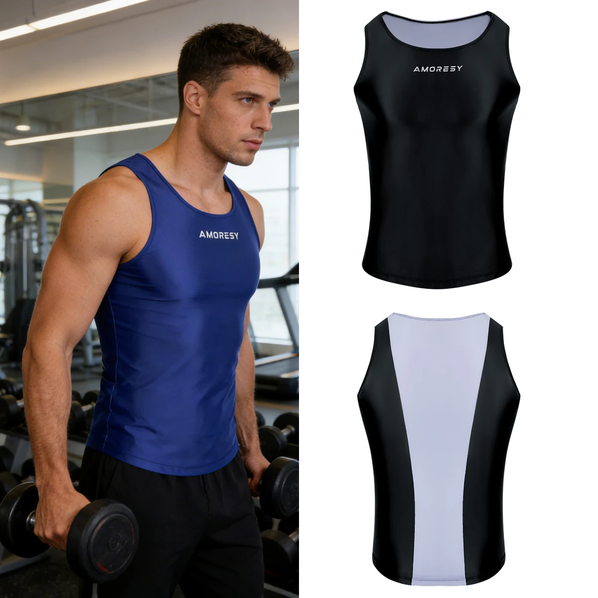 AMORESY Men Oil Glitter Spandex Elastic Pachwork Sleeveless Undershirt O-neck Tight Running Tank Vest Tops Breathable Sportswear