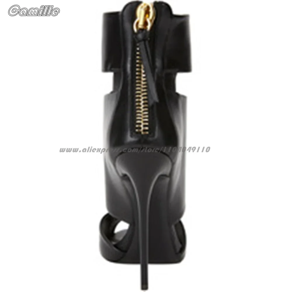 Black Open Toe Back Zip Hollow High Heel Sandal Boots Size 34-46 Catwalk Style Sexy Lady High Heels Mid Calf Fish Mouth Shoes