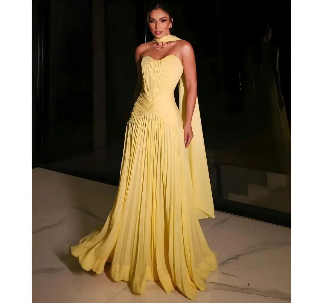 KFDER Yellow Sweetheart Pleated Ruched Bodice Cape Evening Gowns Fitted Maxi Skirt Party Dresses Custom Dress robes de soirée