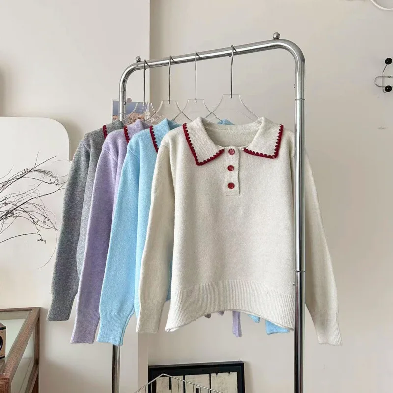 

Korean Style Women's Pullovers 2025 New Autumn Fashion Lapel Long Sleeve Soft Sticky Sweater Tops Female Loose Knitwear