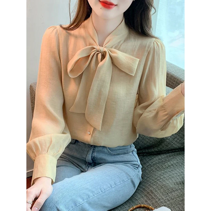 Women\'s Clothing Korean Fashion Bow Lace Up Elegant Shirt Office Lady Commute Chiffon Blouse Casual Solid Long Sleeve Loose Tops