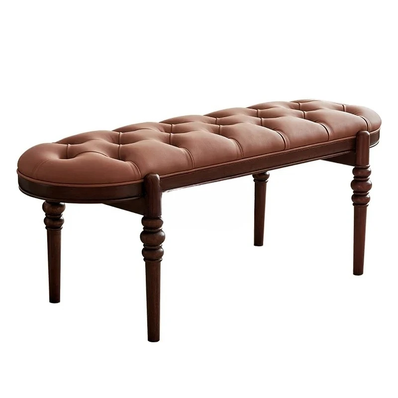 

French retro solid wood bedside stool leather bedroom furniture bedside bench