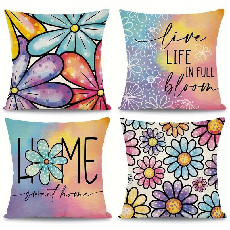 4pcs Floral Throw Pillow Set - Vibrant Short Plush Pillowcases, 17.7