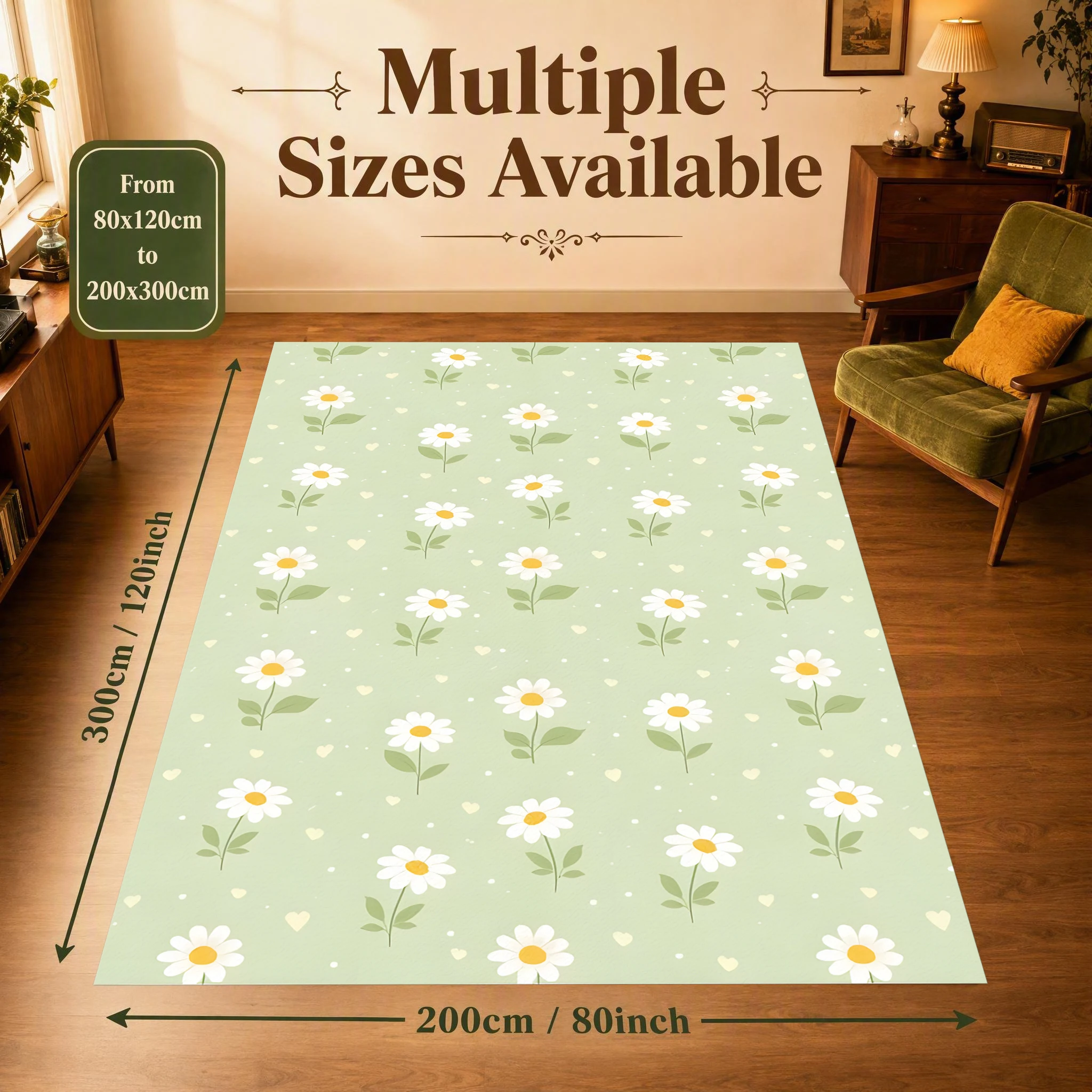2D Carpet with Light Green Background and Daisy Floral Pattern in a Fresh, Soothing Style for Bedroom and Living Room