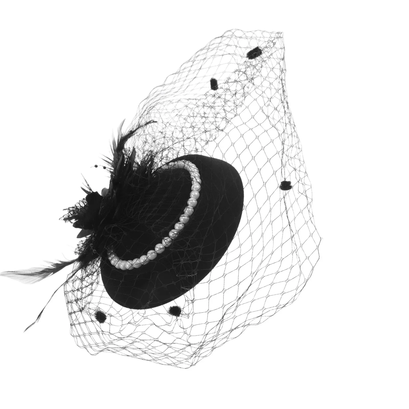 Vintage Tea Party Hat Veil Pearl Embellished Black Mesh Fascinator Headband for Women Wedding Church Evening Ball Flapper