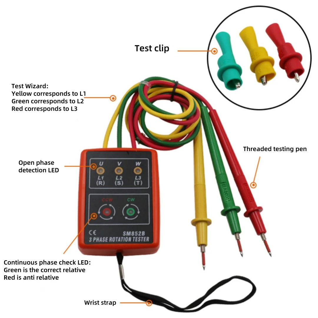 SM852B Portable Phase Sequence Tester, 3-Phase AC Rotation Meter, Voltage/Current Detector, Phase Rotation Indicator for Electri